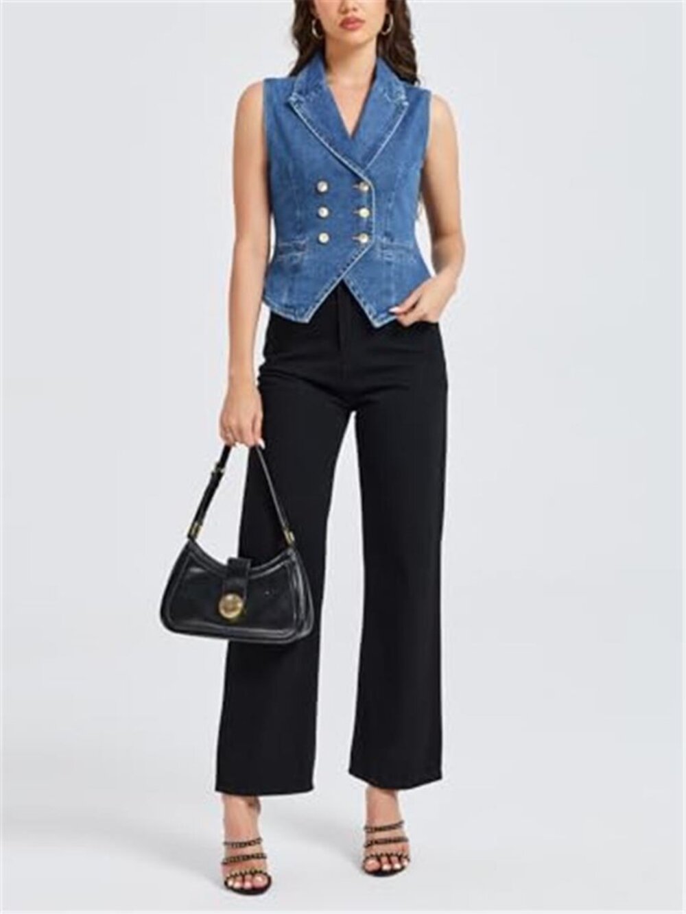 Women's Denim Vest Top Lapel V Neck Sleeveless Jean Vest - Picture 6 of 6